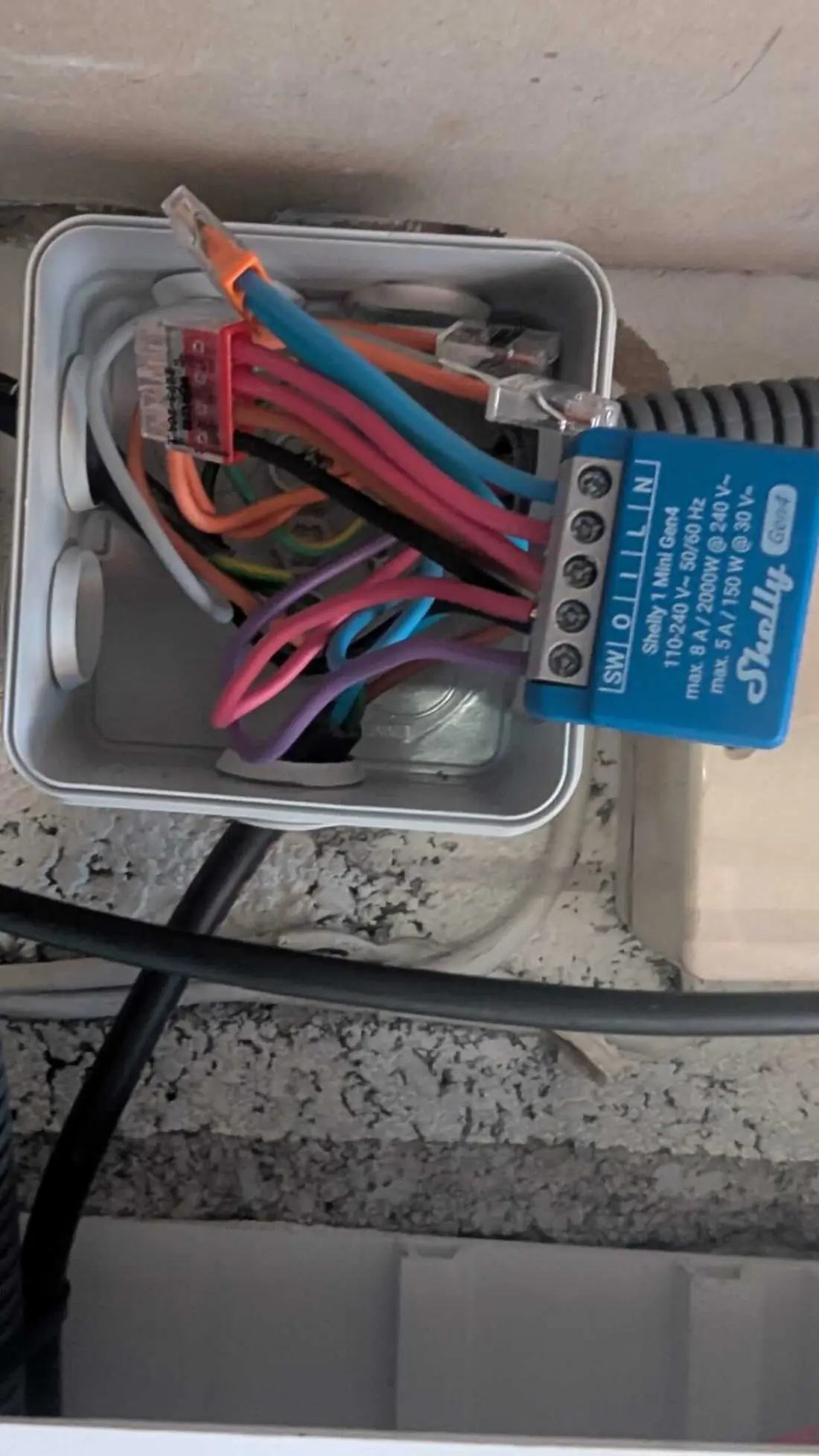 Module connecté Shelly 1 Mini Gen4 câblé dans la boîte de dérivation intérieure